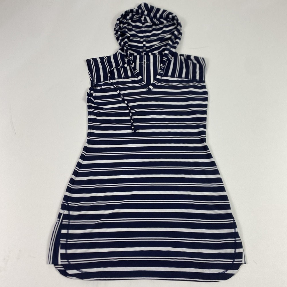 Athleta Dress Womens XS Navy White Stripe Hooded Sleeveless Summer Cover‎ Up